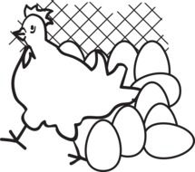 Black and white drawn chicken with eggs