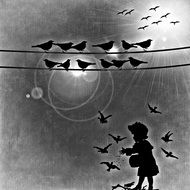 Black silhouette of a birds feeding child on the black and white illustration