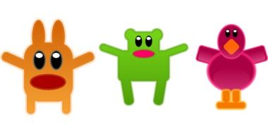 Tdrawings of animals of different colors on a white background