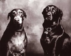 black and white photo of two dobermans