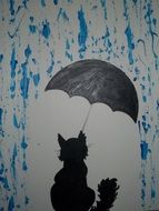 Painting of black cat under rain