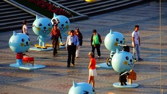 park with big blue cat statues in China