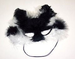 black and white fluffy mask with feathers on a white surface