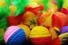 multicolored foam balls with multi-colored feathers