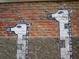 two Giraffe heads on brick wall, Mural, Korea