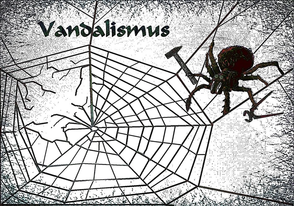 vandalism, drawing, spider with tools on damaged cobweb