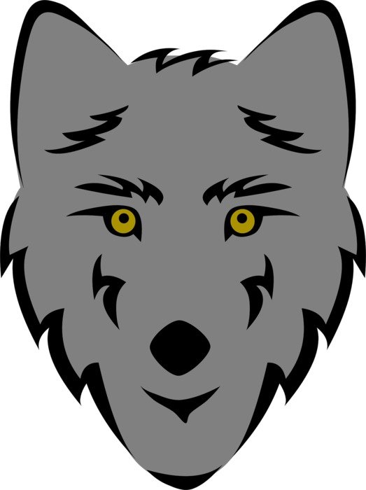 drawing of a wolf's head with yellow eyes