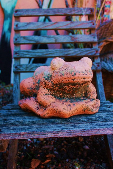 frog figure on a bench