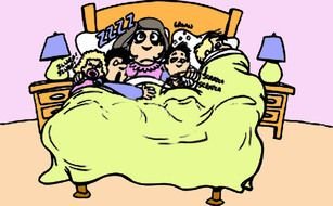 cartoon mother with four kids in bed