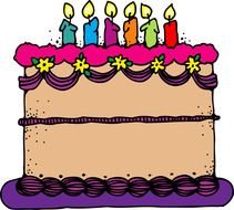 drawing of a cake with colored candles on a white background