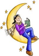 drawing of a boy with a book on the moon