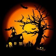 Halloween Scene, scary pumpkins near house at dusk