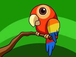 bright Cartoon Parrot on branch at greenery