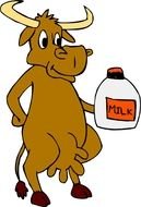 cartoon brown cow with a bottle of milk