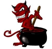 red devil cooking blood in pot