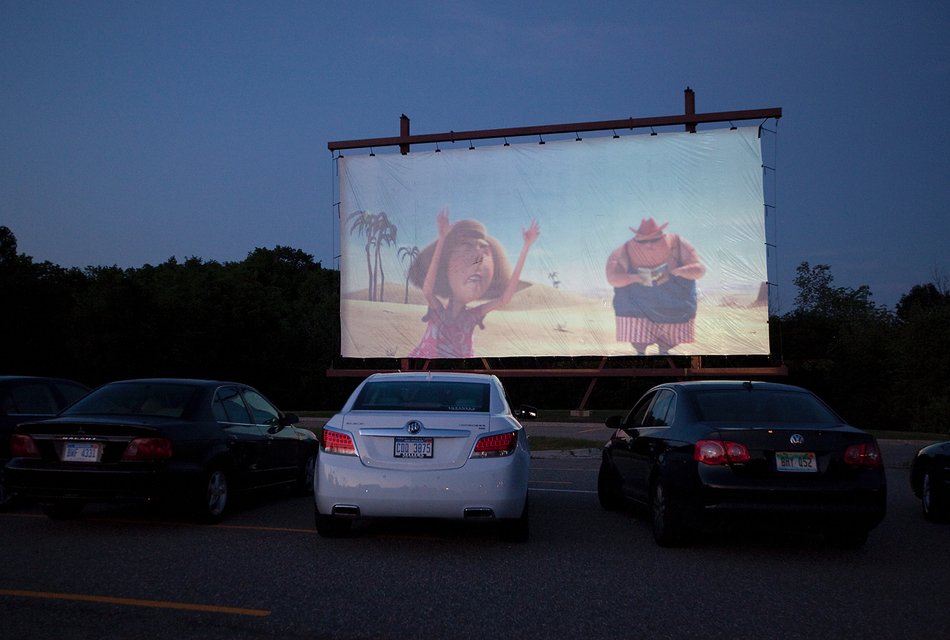 outdoor movie screen in the evening