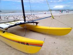 catamaran stands in the sand