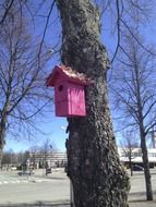 pink birdhouse on a tree