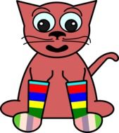 Pink cat dressed up in colorful socks