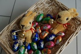 Easter bunnies in basket with eggs