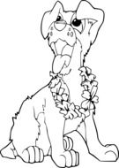Dog with flower garland, black and white drawing