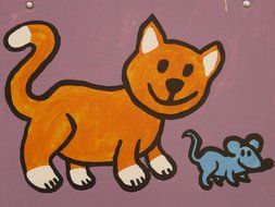 children's drawing with the image of a kitten and a mouse