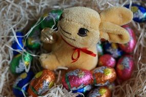 plush bunny near chocolate eggs in a basket