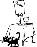 black and white graphic image of a cat under the dining table