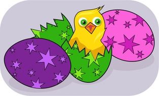 painted Easter eggs and chicken on a colorful illustration