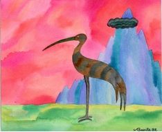 watercolor drawing of a stork near the mountain