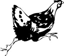 Black and white graphic image of the running away hen