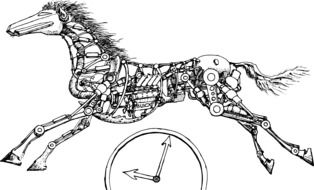 black and white graphic representation of a running horse as a symbol of time