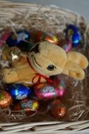 Easter rabbit with eggs in the straw