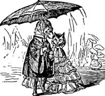 black and white drawing of a cat with a dog under an umbrella