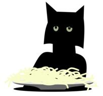 black cat with a plate of pasta as a graphic image