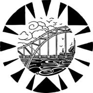 Bridge over River, Clouds and Birds, circular illustration