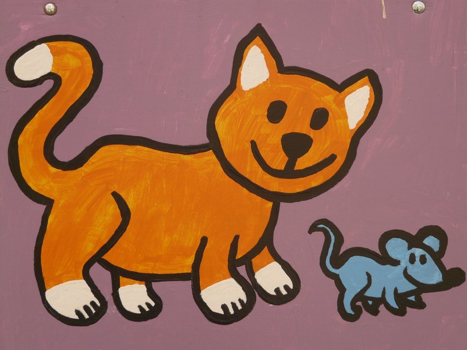 children's drawing with the image of a kitten and a mouse