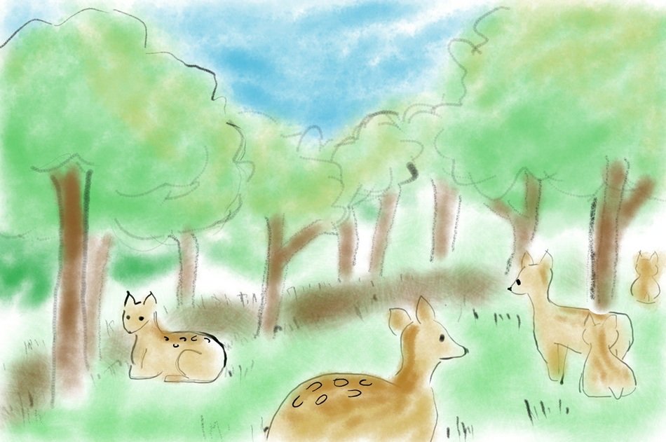 child's drawing of colorful deers in the forest