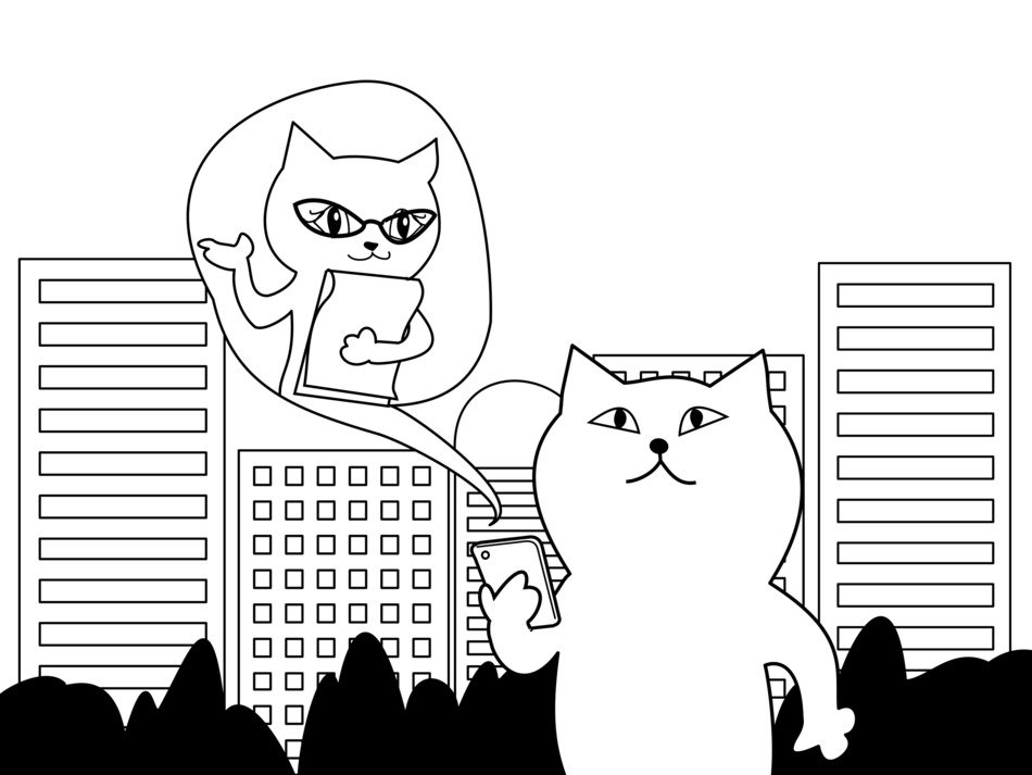 cartoon cat is calling on smartphone