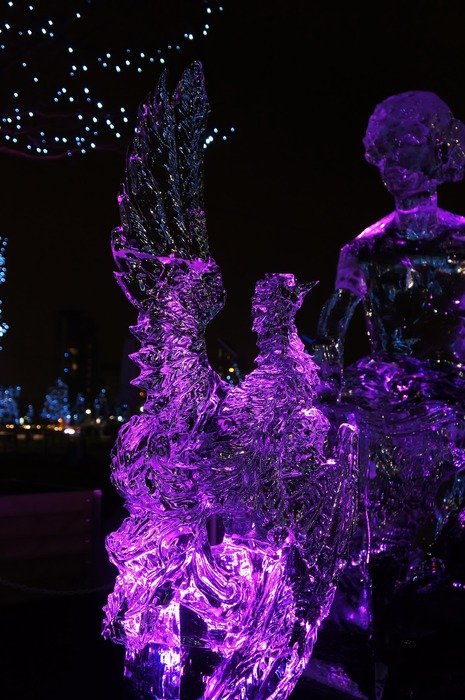 bright ice sculpture of a purple bird