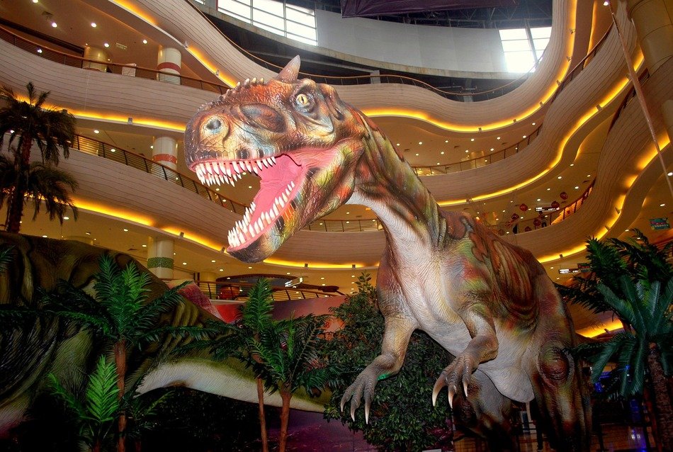 large colorful sculpture of a dinosaur as an element of the interior