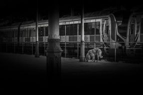 black and white photo of a dog at the station