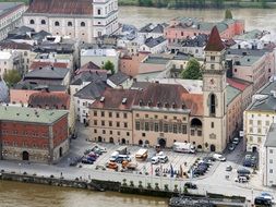 panoramic view of the town hall square on the banks of the Danube