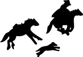 Black silhouettes of the cowboy, horses and the dog at white background