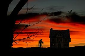 silhouettes of witch houses on the background of sunset