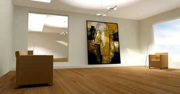 abstract painting on wall in white room, 3d visualization