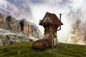 house in the form of a boot on a green hill