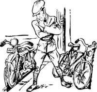 stained glass drawing of a man near a bicycle