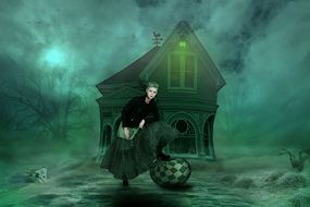 beautiful woman on the background of a mysterious house
