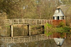 reflection of a wooden bridge over a river in the Netherlands